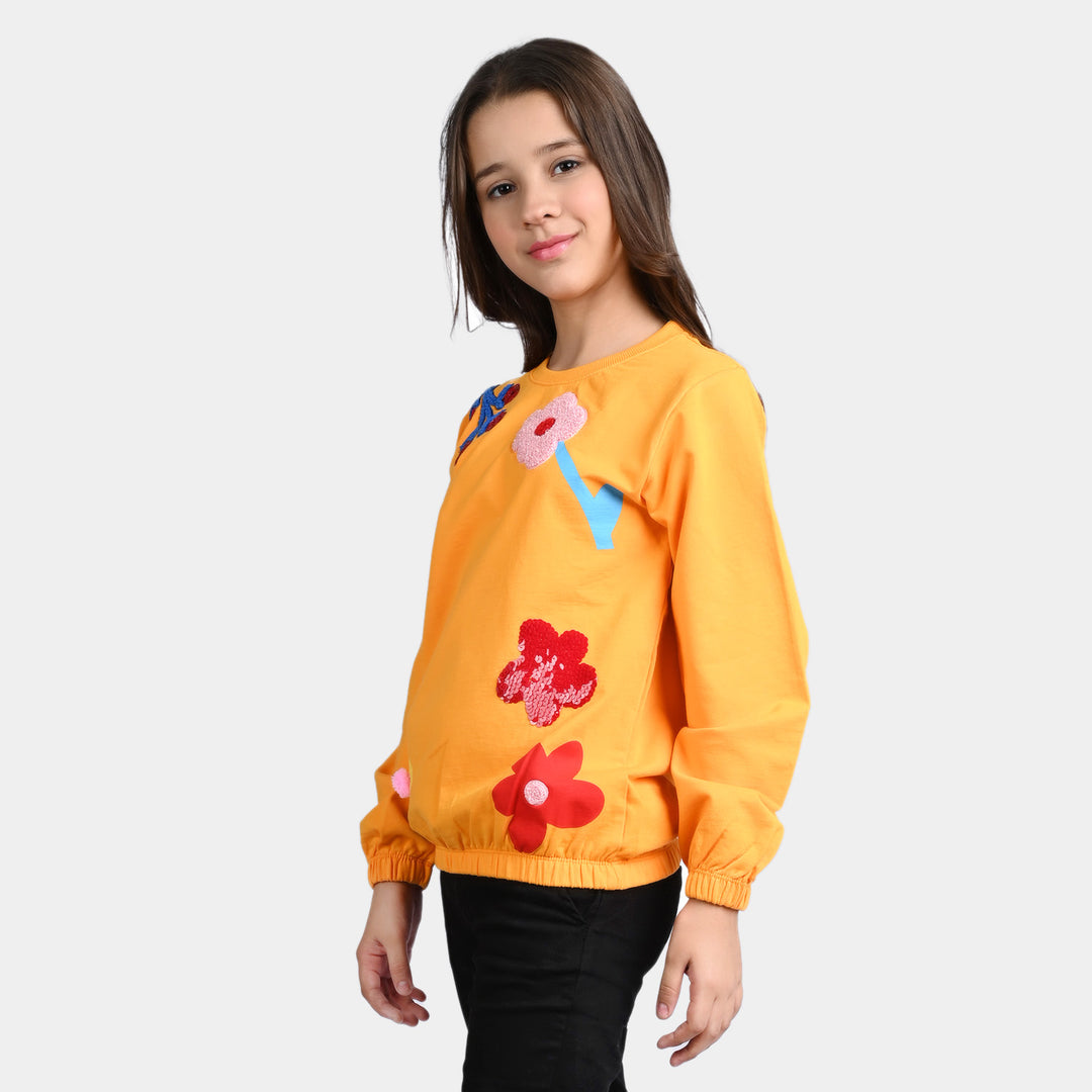 Girls Cotton Terry Sweatshirt Flowers-R.Yellow
