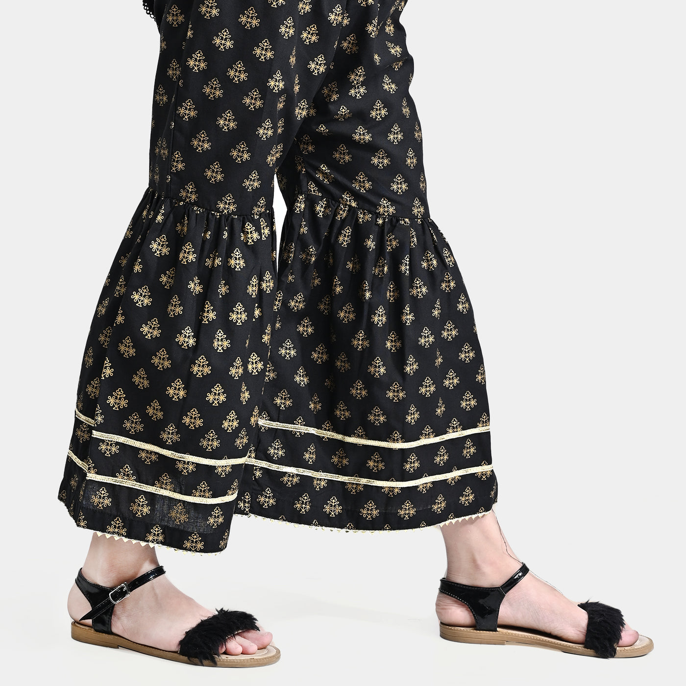 Girls Cotton Screen Print Gharara-BLACK