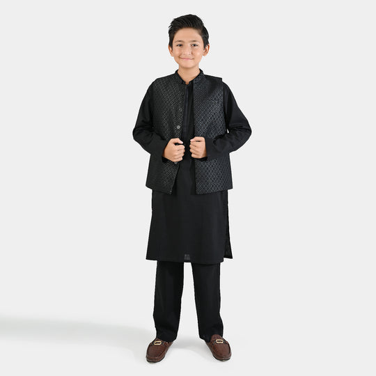 Boys Cotton Slub 3 Piece suit (Black Beauty)-BLACK
