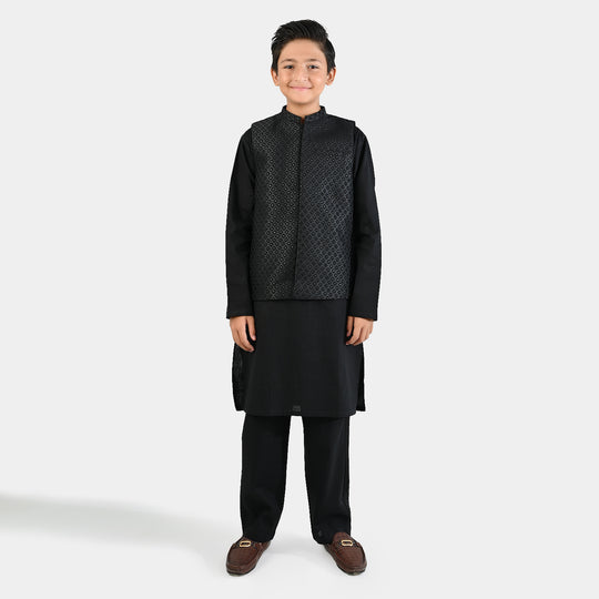 Boys Cotton Slub 3 Piece suit (Black Beauty)-BLACK