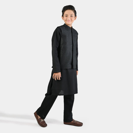 Boys Cotton Slub 3 Piece suit (Black Beauty)-BLACK