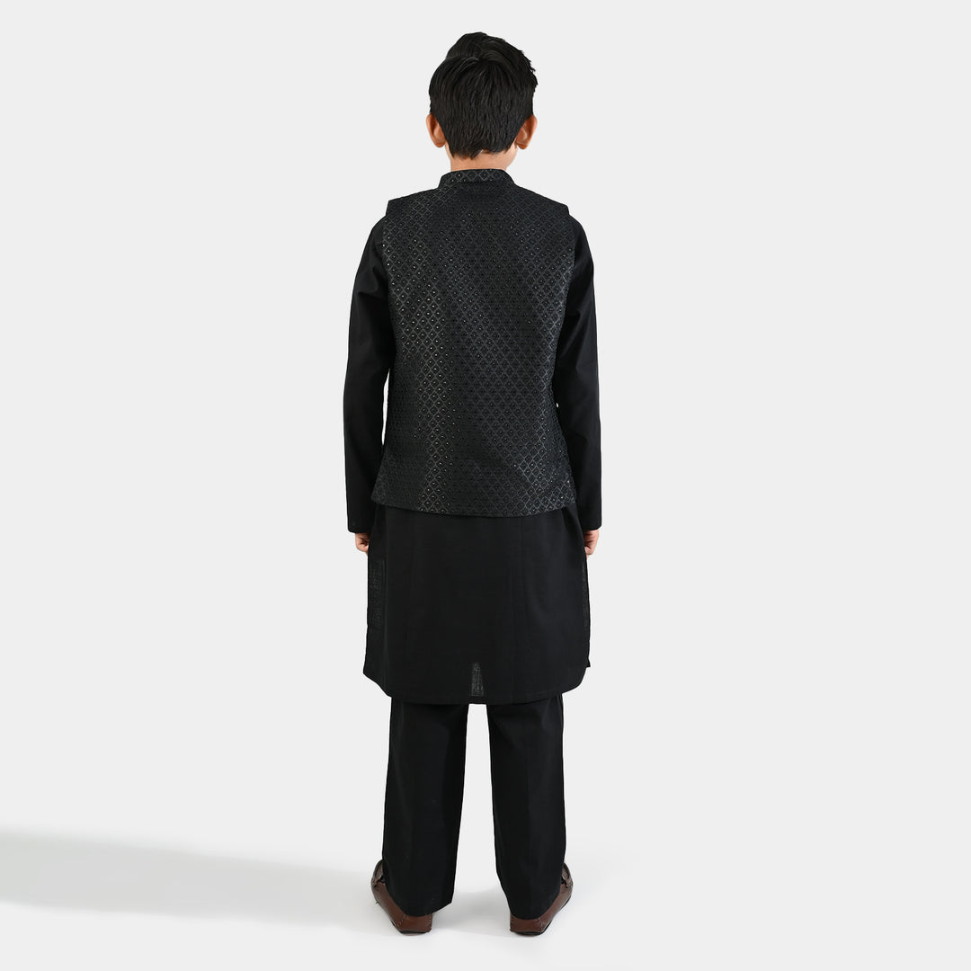 Boys Cotton Slub 3 Piece suit (Black Beauty)-BLACK