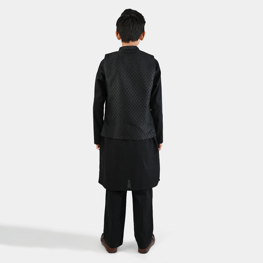 Boys Cotton Slub 3 Piece suit (Black Beauty)-BLACK