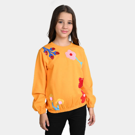Girls Cotton Terry Sweatshirt Flowers-R.Yellow