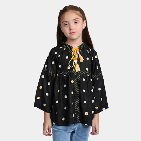 Girls Cotton EMB Top Floral Bloom-BLACK