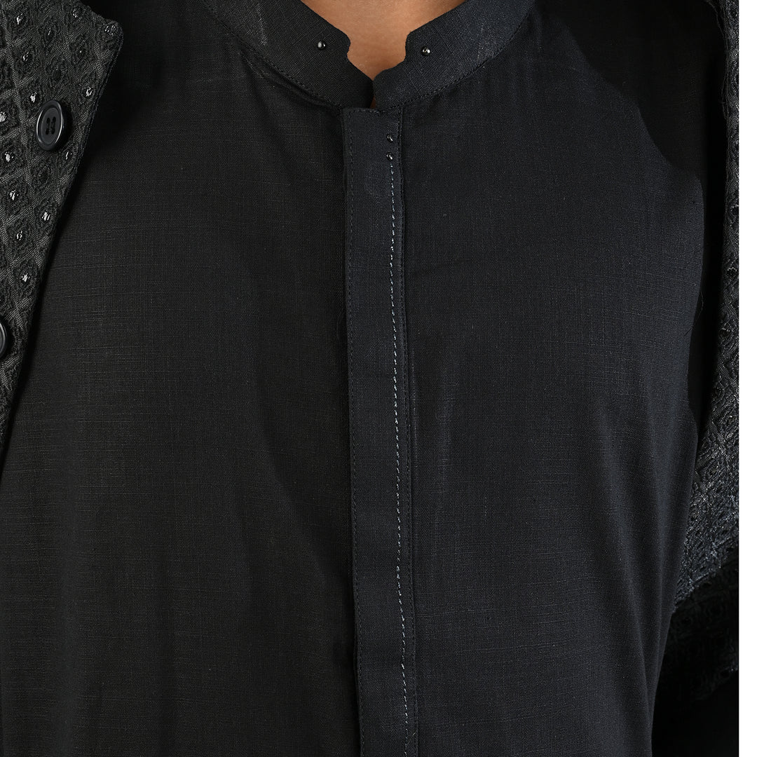 Boys Cotton Slub 3 Piece suit (Black Beauty)-BLACK