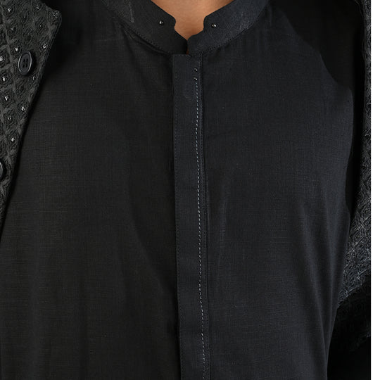 Boys Cotton Slub 3 Piece suit (Black Beauty)-BLACK