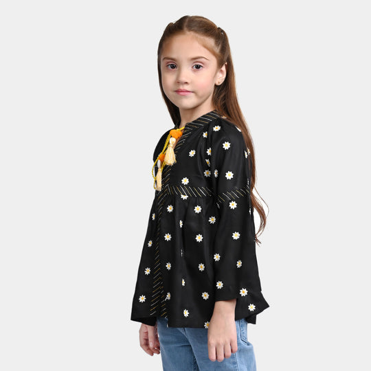 Girls Cotton EMB Top Floral Bloom-BLACK