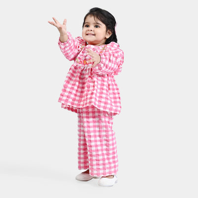 Infant Girls Yarn Dyed Woven Suit Pink Checks-Pink