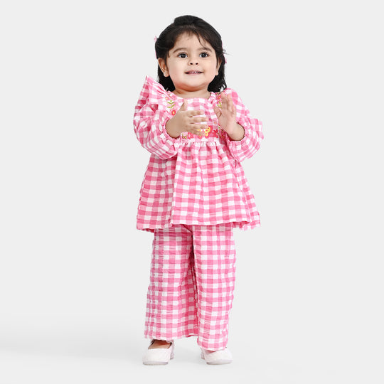 Infant Girls Yarn Dyed Woven Suit Pink Checks-Pink