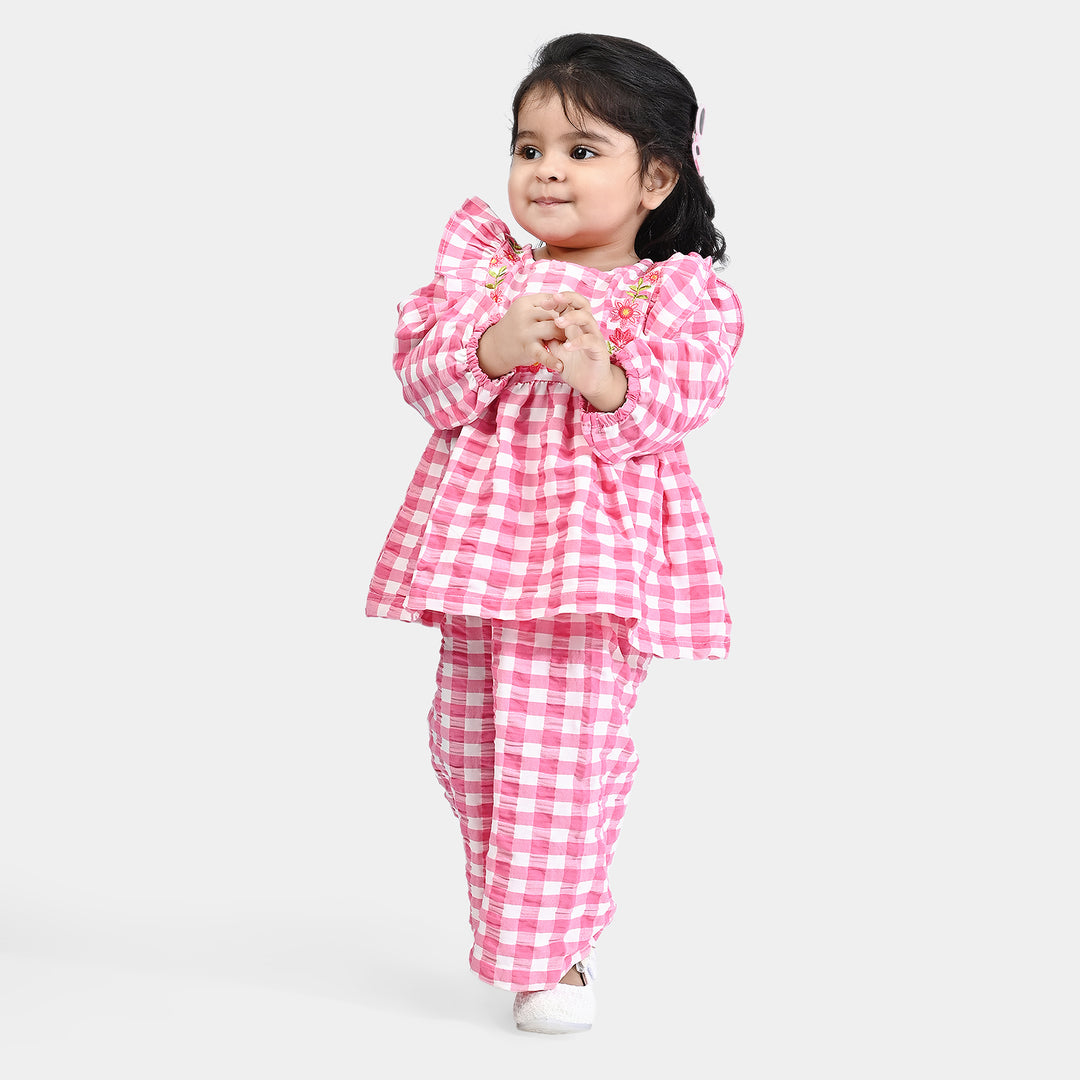 Infant Girls Yarn Dyed Woven Suit Pink Checks-Pink