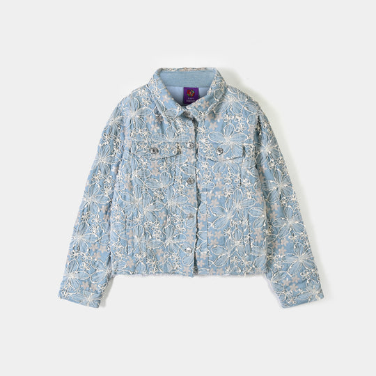 Girls Denim rigid Woven Jacket Raw Hem-BLUE