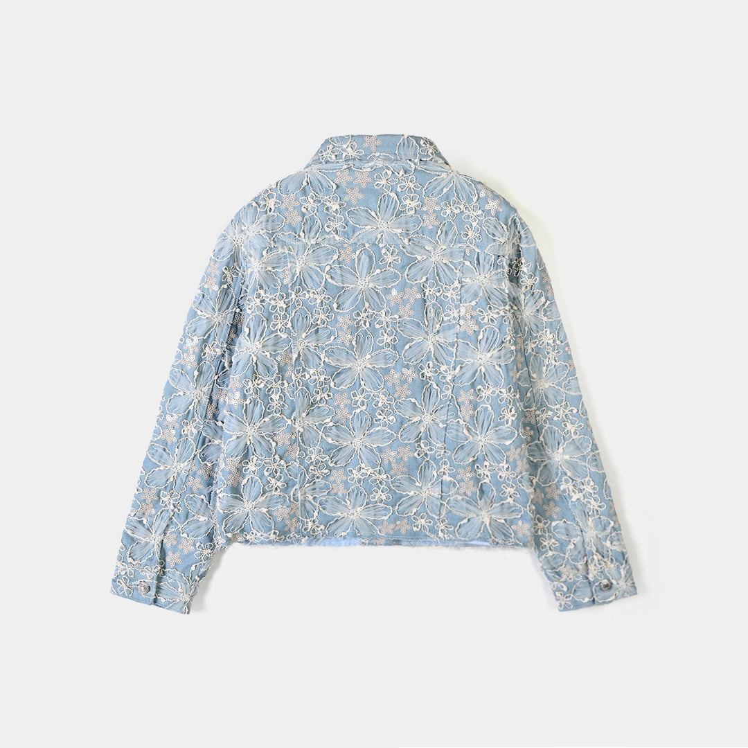 Girls Denim rigid Woven Jacket Raw Hem-BLUE