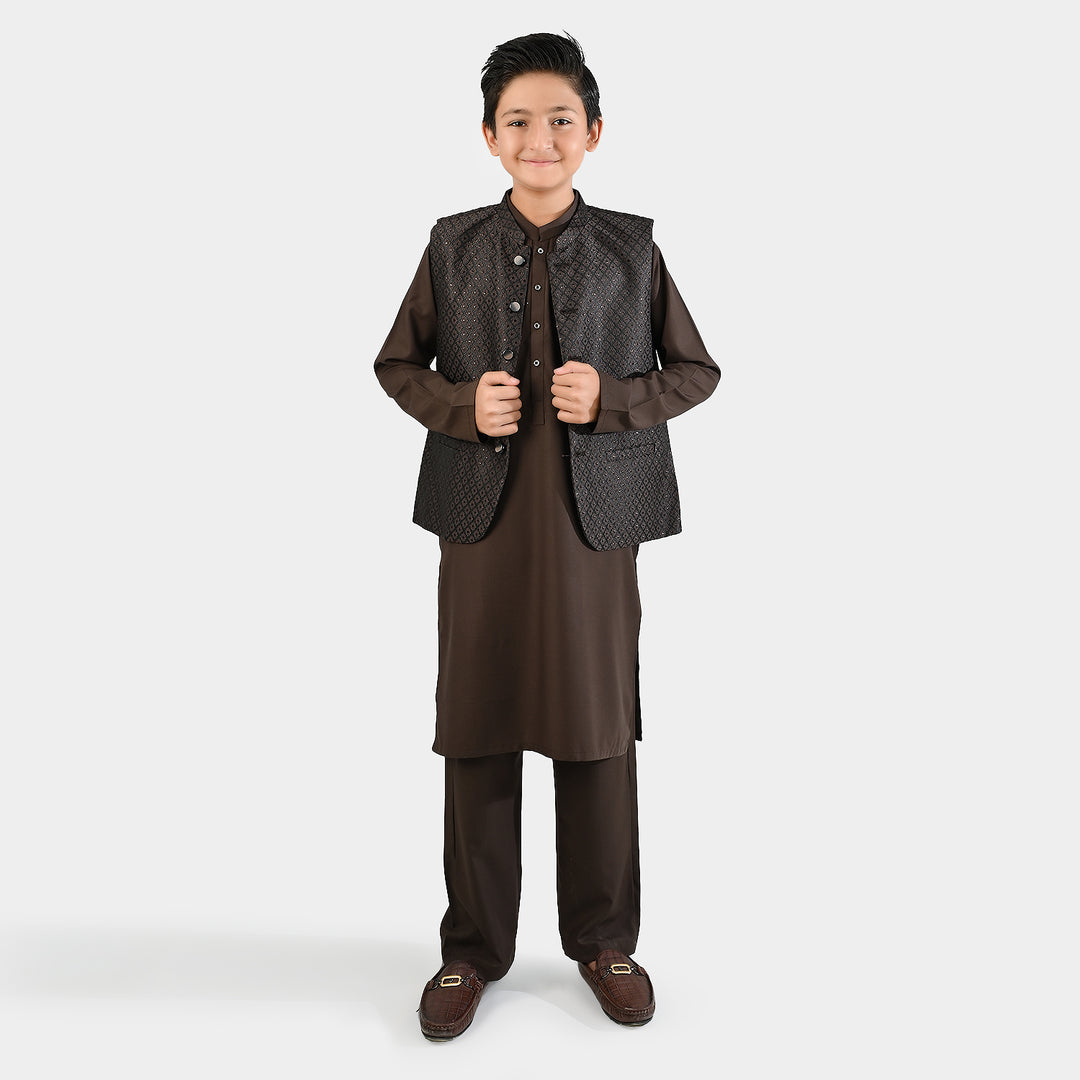 Boys Poly Viscose 3 Piece Suit (Earth Tone)-BROWN