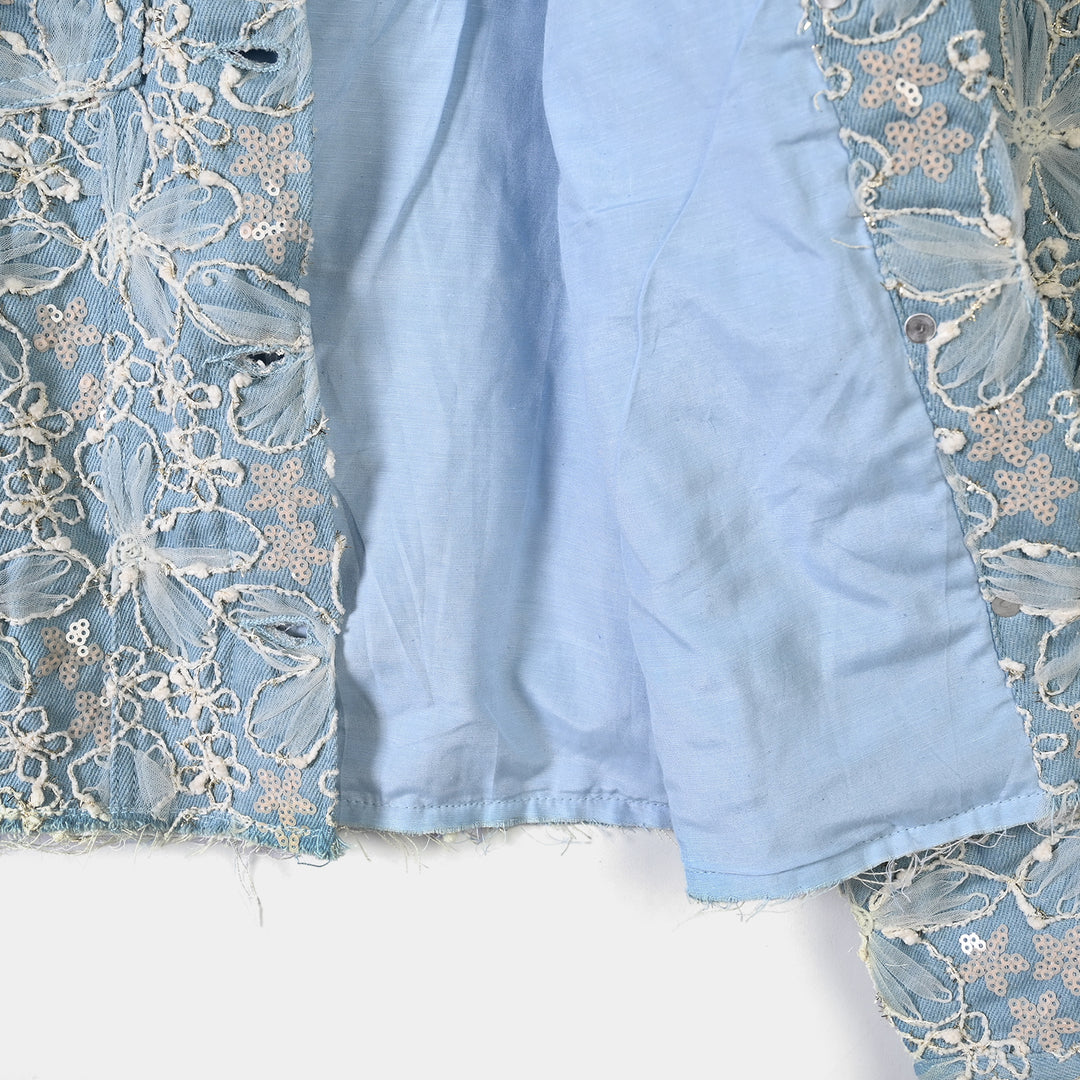 Girls Denim rigid Woven Jacket Raw Hem-BLUE