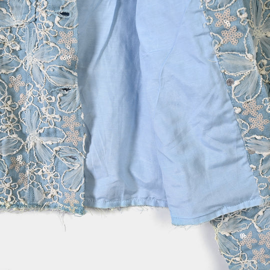 Girls Denim rigid Woven Jacket Raw Hem-BLUE