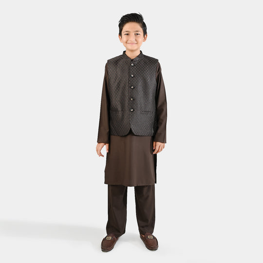 Boys Poly Viscose 3 Piece Suit (Earth Tone)-BROWN