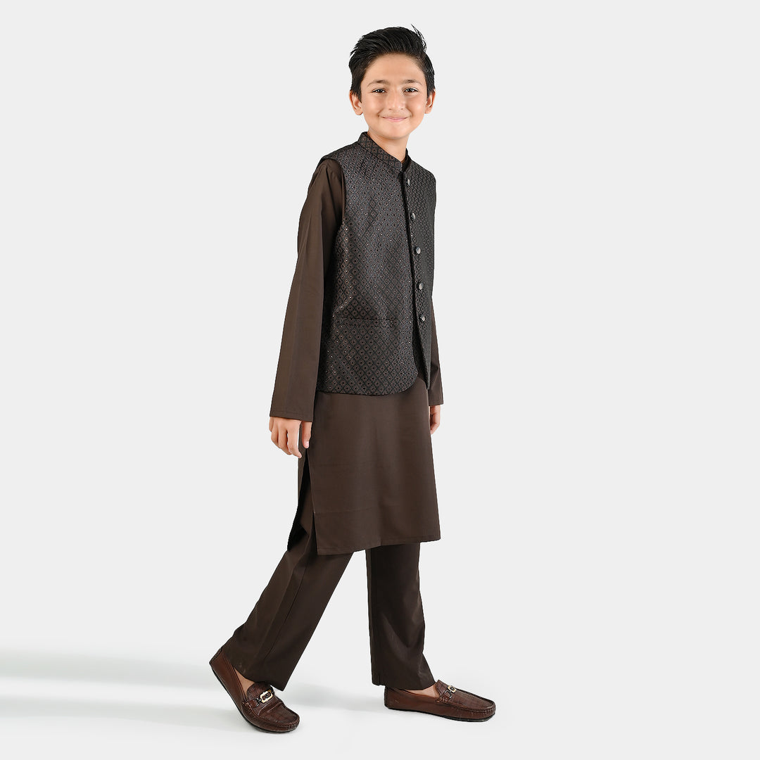 Boys Poly Viscose 3 Piece Suit (Earth Tone)-BROWN