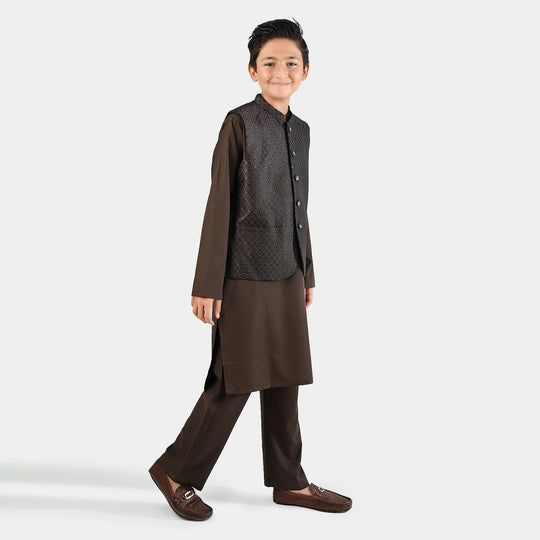 Boys Poly Viscose 3 Piece Suit (Earth Tone)-BROWN