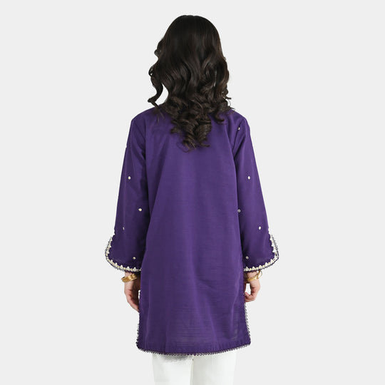 Girls Cotton Slub Embroidered Kurti (Sajal) - Purple