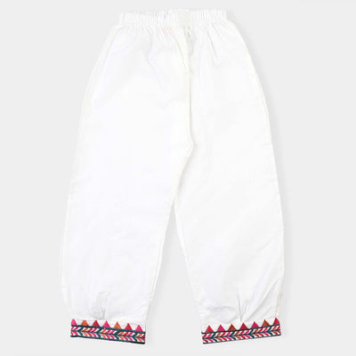 Girls Cotton Embroidered Pant-White