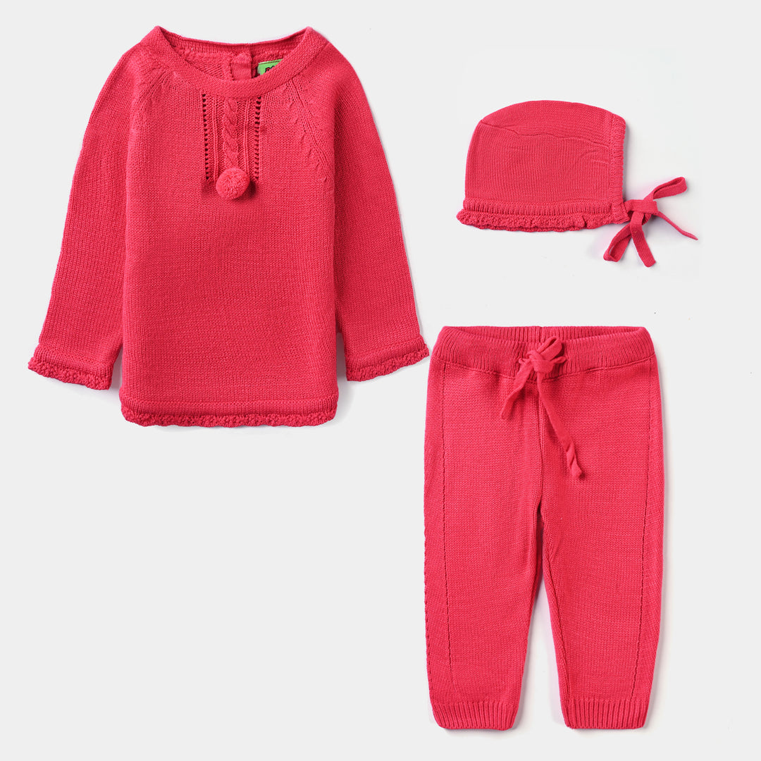 Infant Girls Sweater Knit Suit W/Cap Open Knit-IGCS 005-Hot Pink