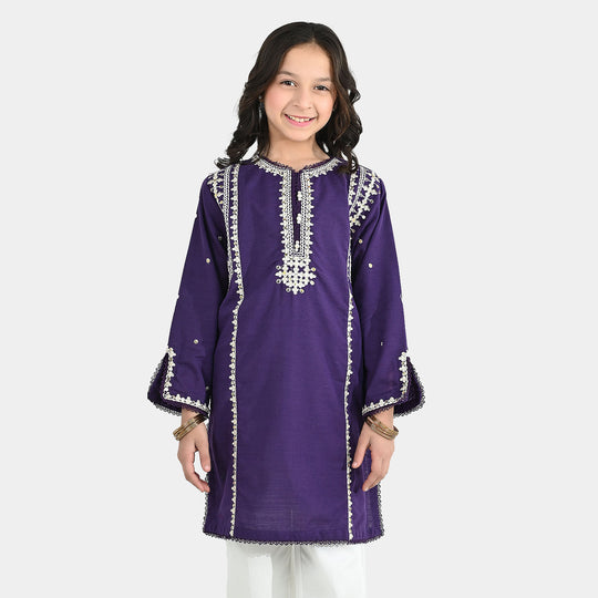 Girls Cotton Slub Embroidered Kurti (Sajal) - Purple