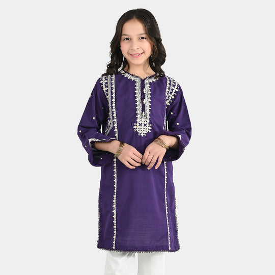 Girls Cotton Slub Embroidered Kurti (Sajal) - Purple