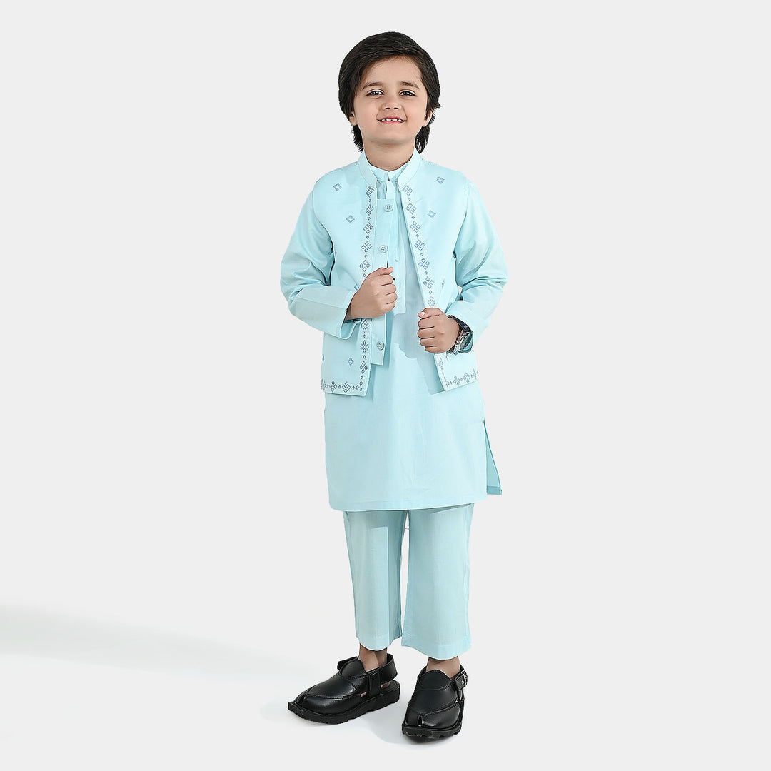 Boys Cotton Poplin 3Piece Suit (Cross Stitch) - Light Blue