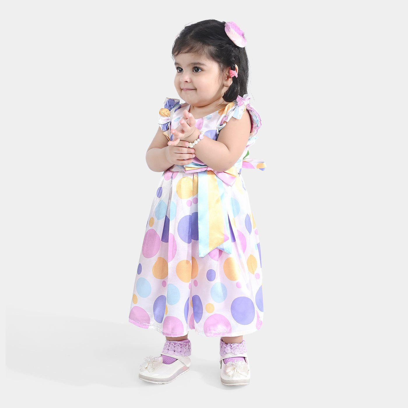 Infant Girls Poly Satin Fancy Frock Polka Dots-Multi