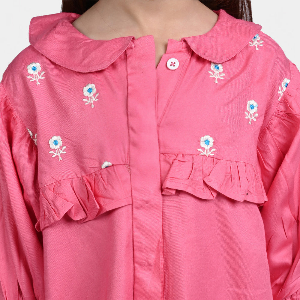 Girls Poly Twill EMB Top Flower Blog-Pink