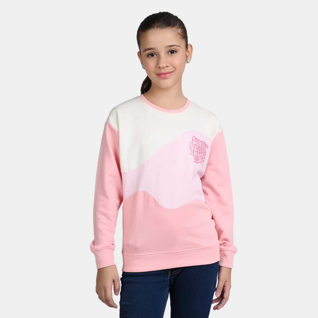 Girls Fleece Sweatshirt Good Vibes- OFF White/Pink