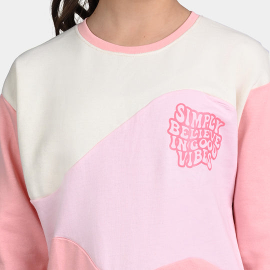 Girls Fleece Sweatshirt Good Vibes- OFF White/Pink