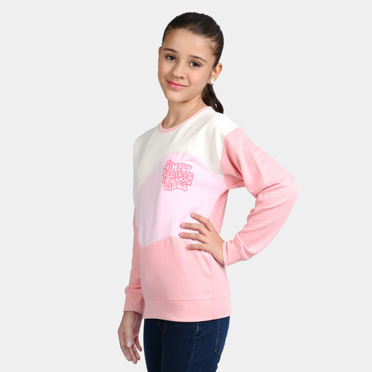 Girls Fleece Sweatshirt Good Vibes- OFF White/Pink