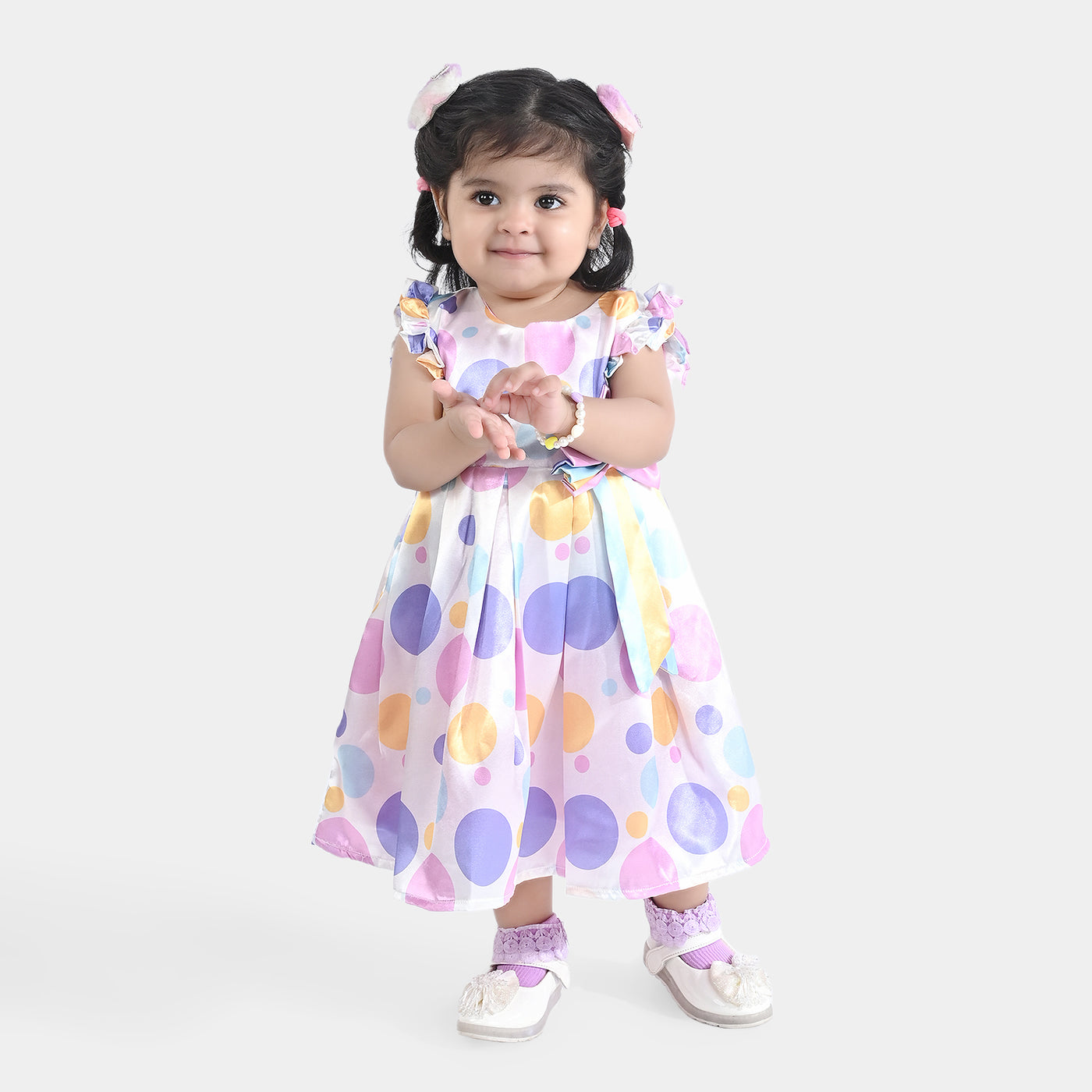 Infant Girls Poly Satin Fancy Frock Polka Dots-Multi