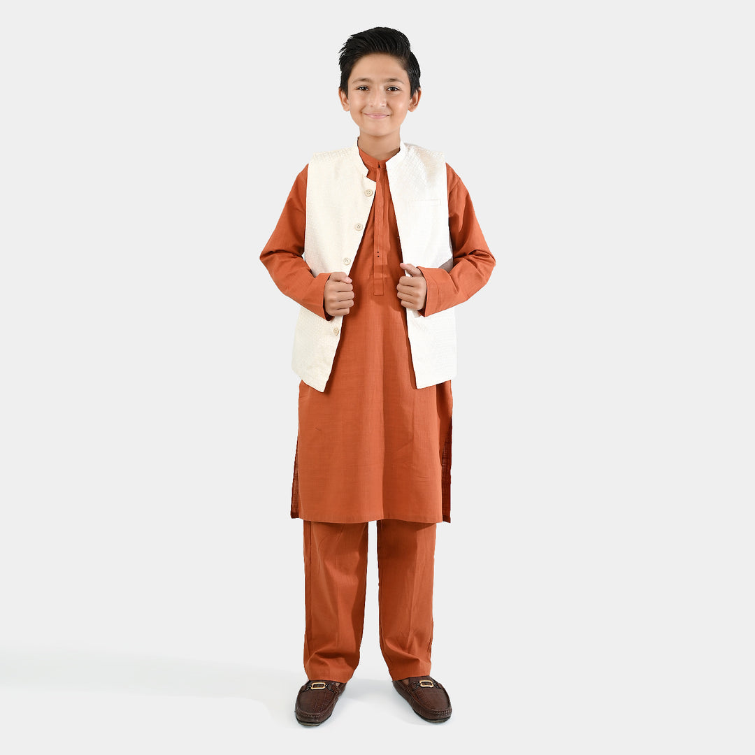 Boys Cotton Slub 3Piece Suit (Bombay Brown)-Rust