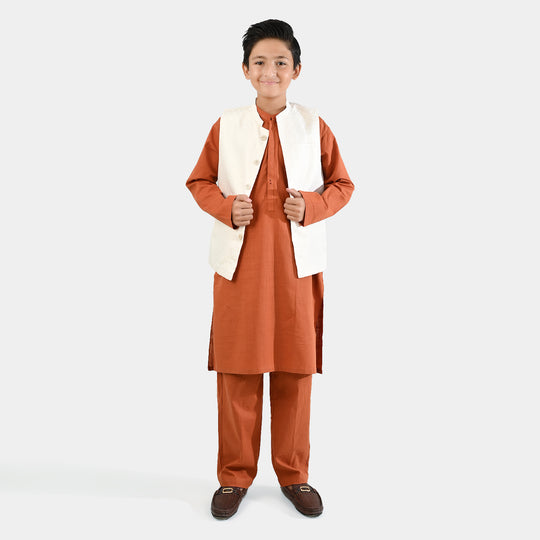 Boys Cotton Slub 3Piece Suit (Bombay Brown)-Rust