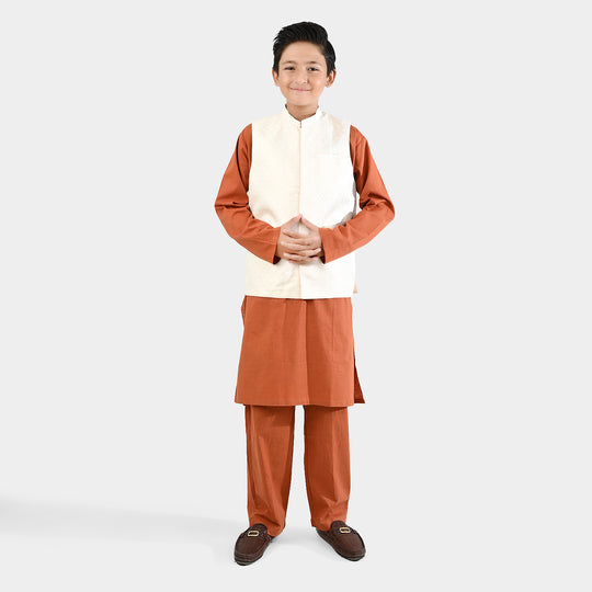 Boys Cotton Slub 3Piece Suit (Bombay Brown)-Rust