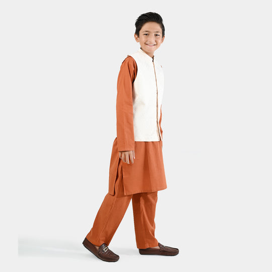 Boys Cotton Slub 3Piece Suit (Bombay Brown)-Rust