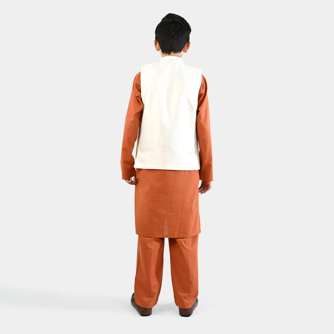 Boys Cotton Slub 3Piece Suit (Bombay Brown)-Rust