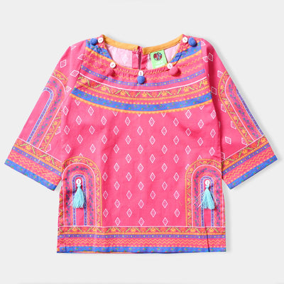 Infant Girls Cotton Poplin Printed kurti Majestic-Pink