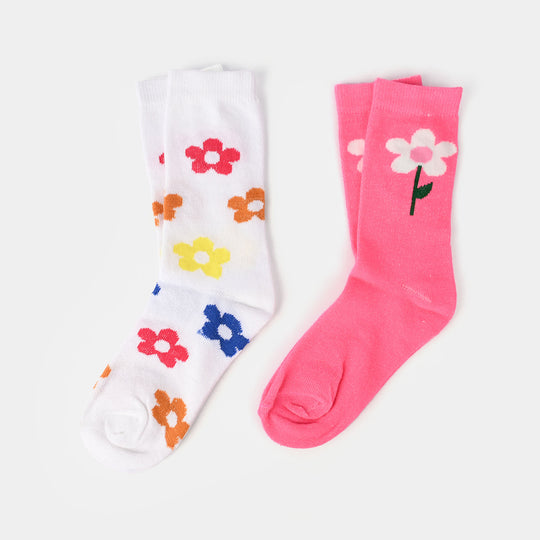 Girls Pack Of 2 Socks Flowers-Pink.White