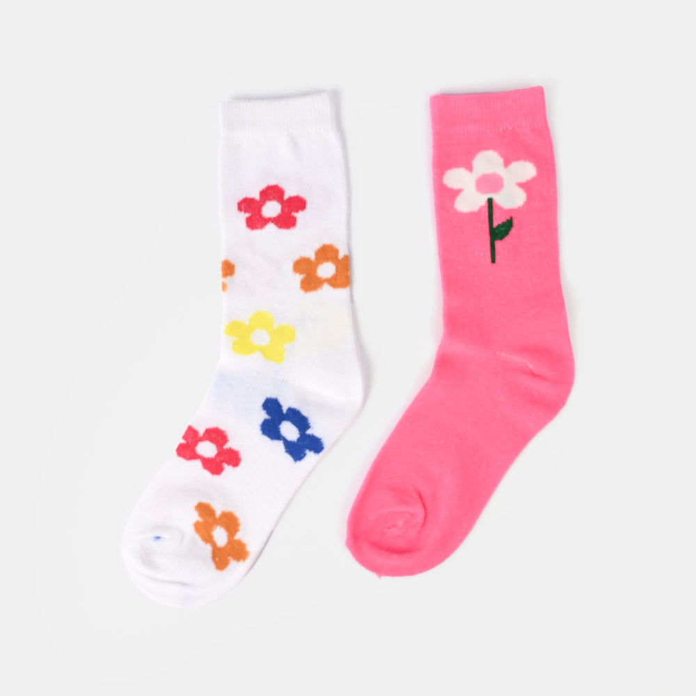 Girls Pack Of 2 Socks Flowers-Pink.White