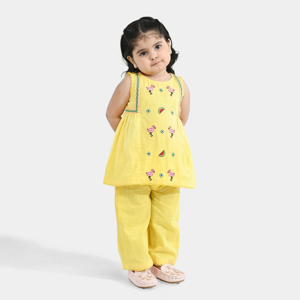 Infant Girls Cotton Slub Embroidered 2-Piece Set - Lemon Yellow