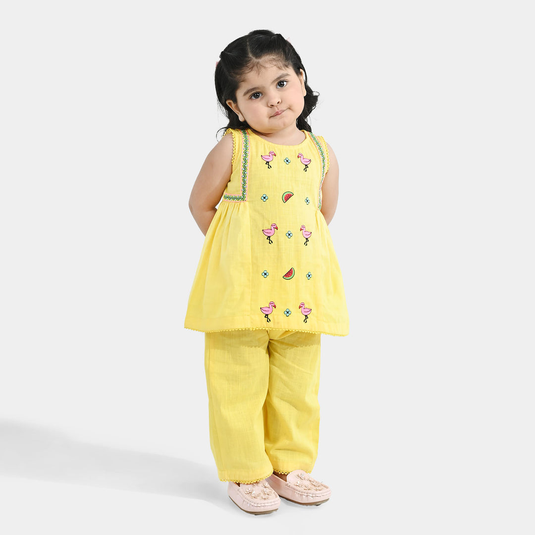 Infant Girls Cotton Slub Embroidered 2-Piece Set - Lemon Yellow