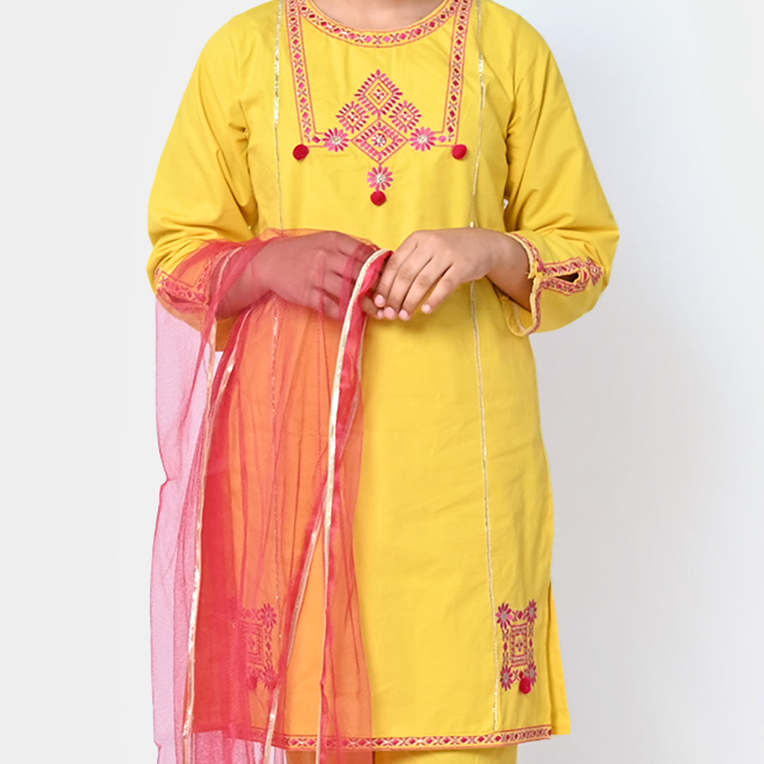 Girls Cotton 3PCs Suit Dil Naz - Yellow