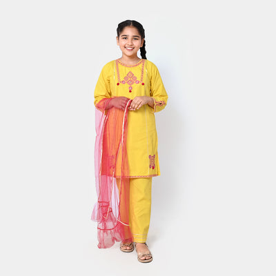 Girls Cotton 3PCs Suit Dil Naz - Yellow