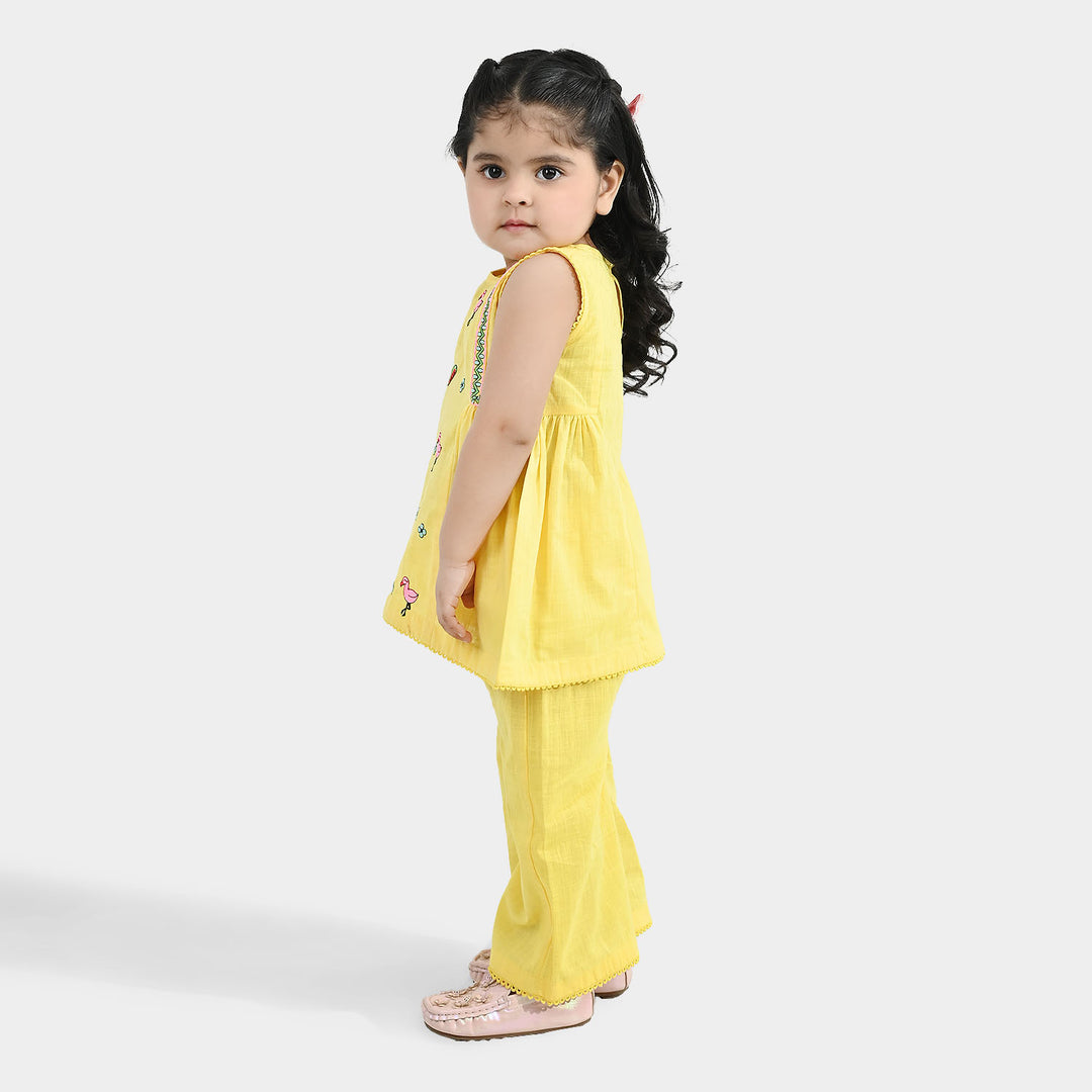 Infant Girls Cotton Slub Embroidered 2-Piece Set - Lemon Yellow