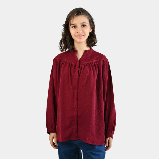 Teens Girls Poly Cotton Maroon Motif Casual Top-MAROON
