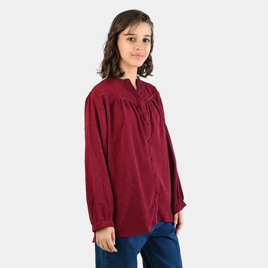 Teens Girls Poly Cotton Maroon Motif Casual Top-MAROON
